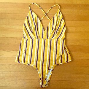 Never worn M yellow-striped backless bodysuit